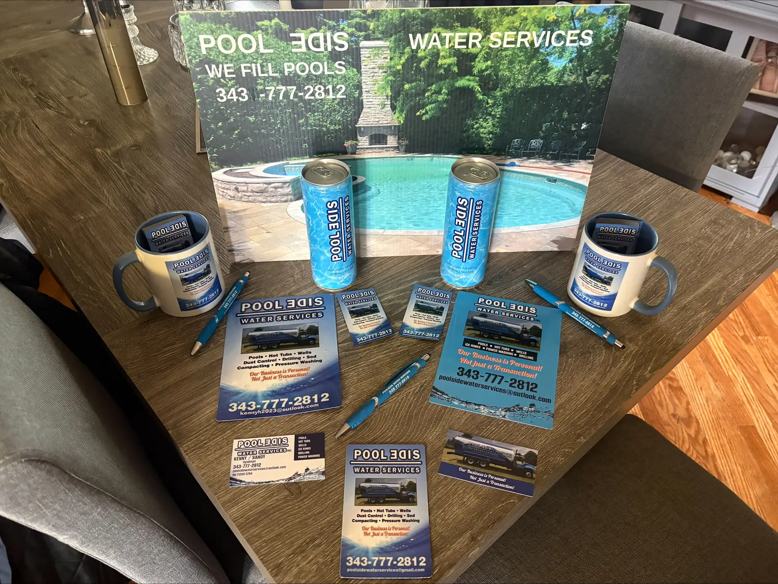 Pool Side Water Services branded merchandise display — We Fill Pools, call (343) 777-2812